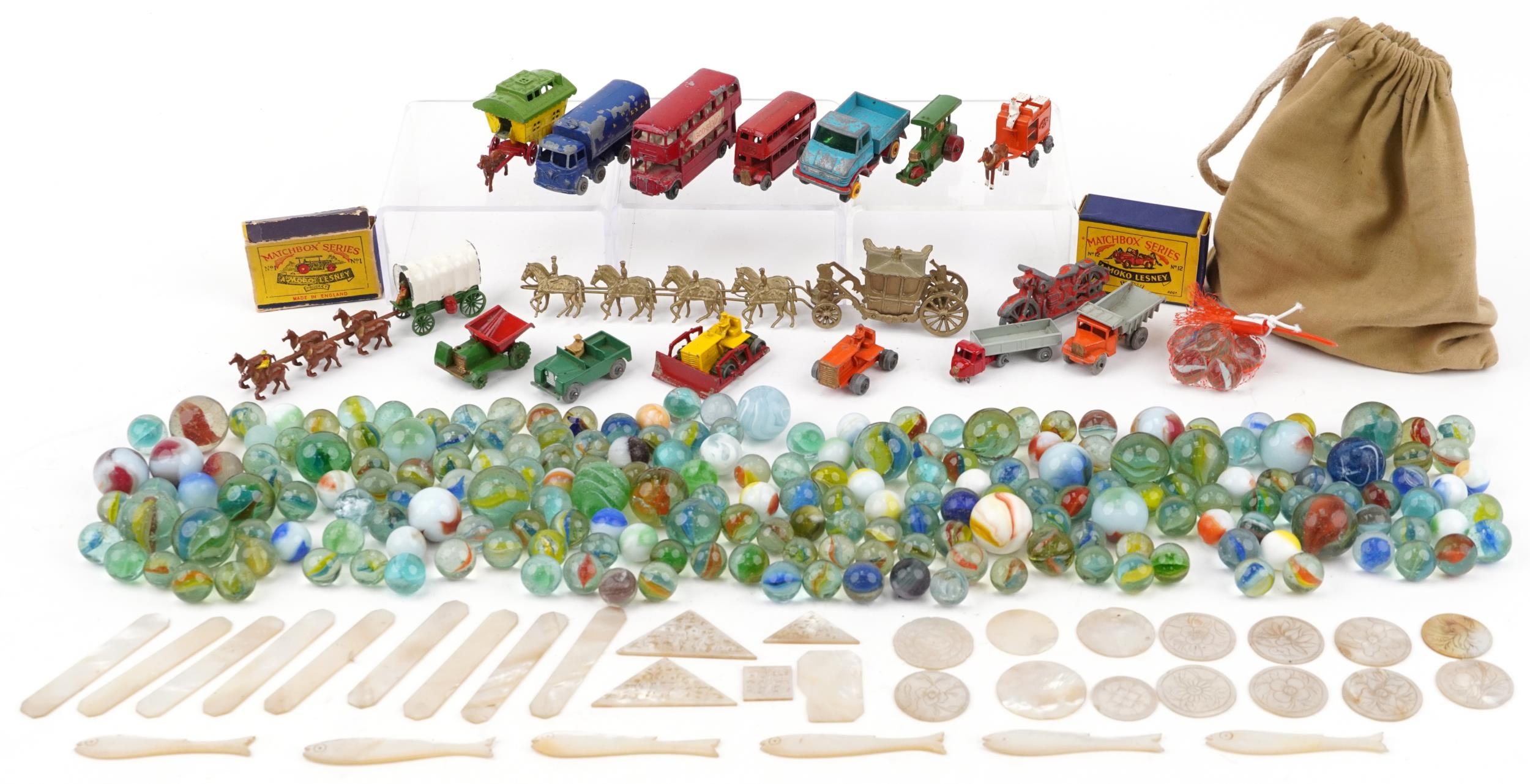 Vintage and later toys including Chinese Canton mother of pearl gaming counters, Lesney diecast