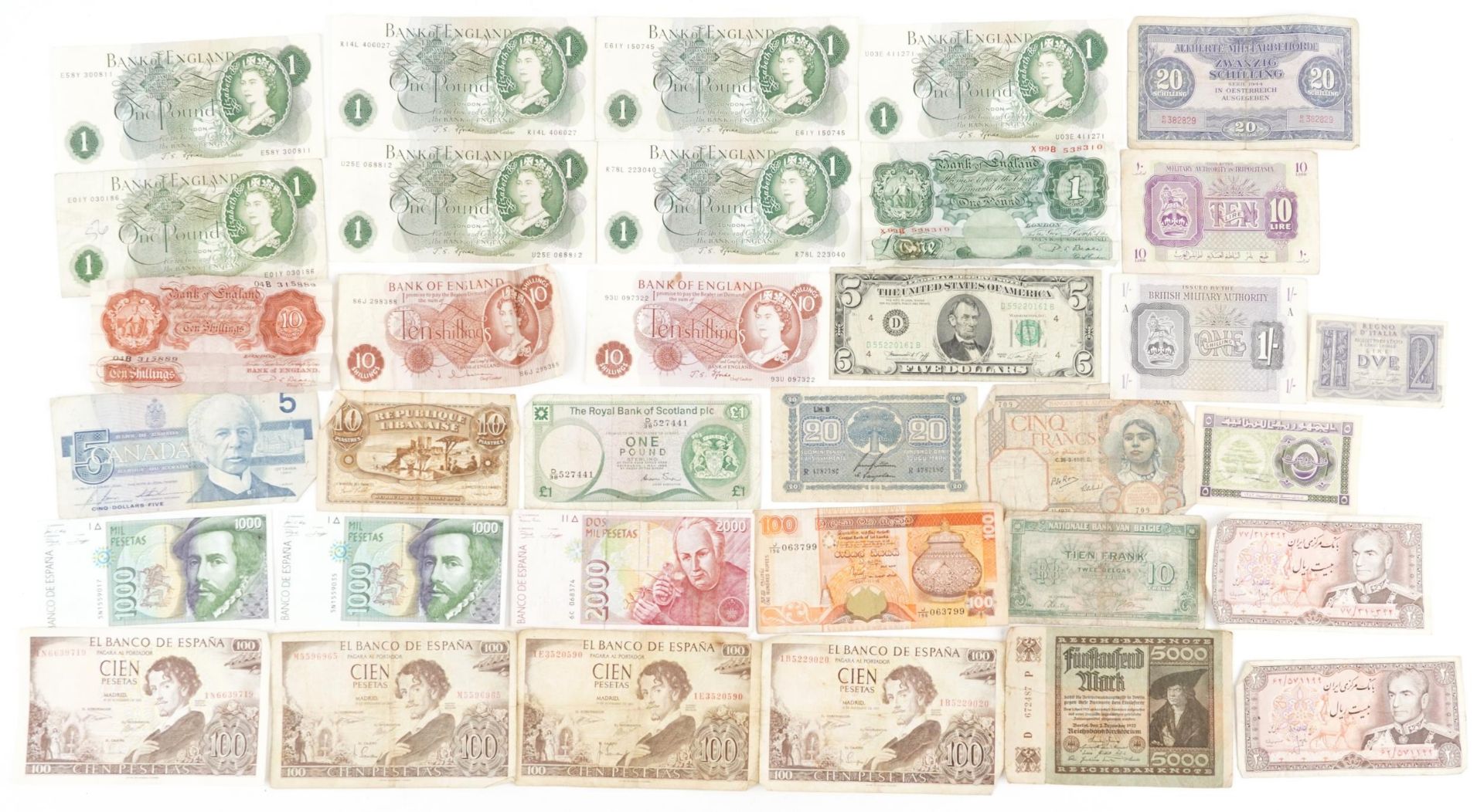 Foreign and British banknotes including British one pound banknotes, Chief Cashier J S Fforde, ten