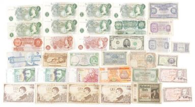 Foreign and British banknotes including British one pound banknotes, Chief Cashier J S Fforde, ten