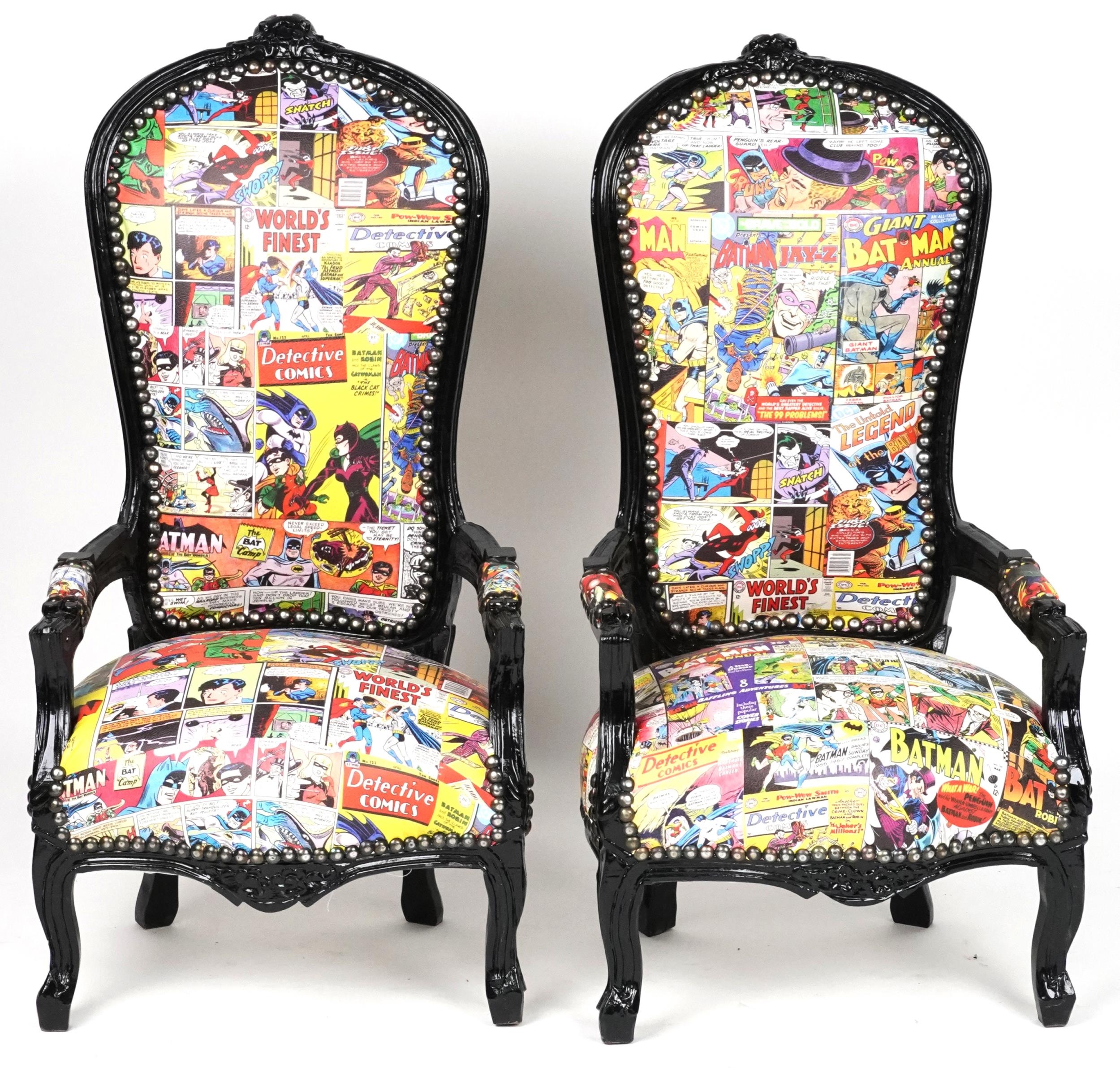 Pair of ebonised child's elbow chairs with comic upholstery, 100cm high - Image 2 of 4