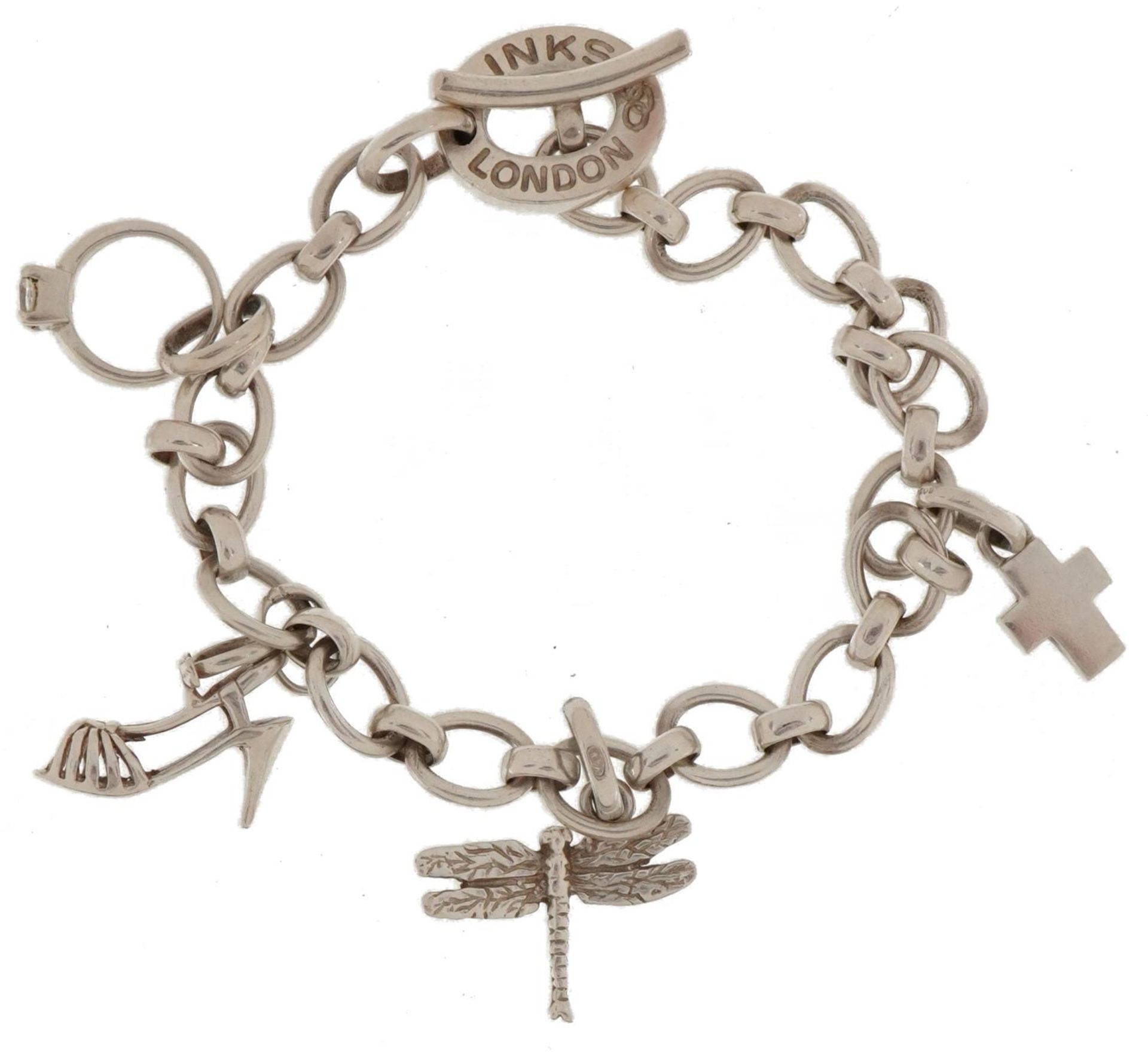 Links of London, silver charm bracelet with four silver charms, 20cm in length, 20.0g