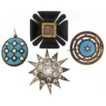 Three antique brooches and a yellow metal blue enamel and pearl mourning locket, the largest 3.5cm