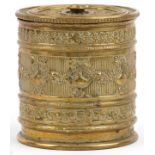 Victorian brass string box with swag and bow design, 9cms high