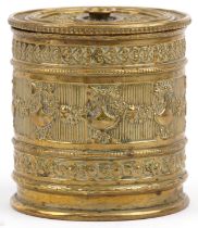 Victorian brass string box with swag and bow design, 9cms high