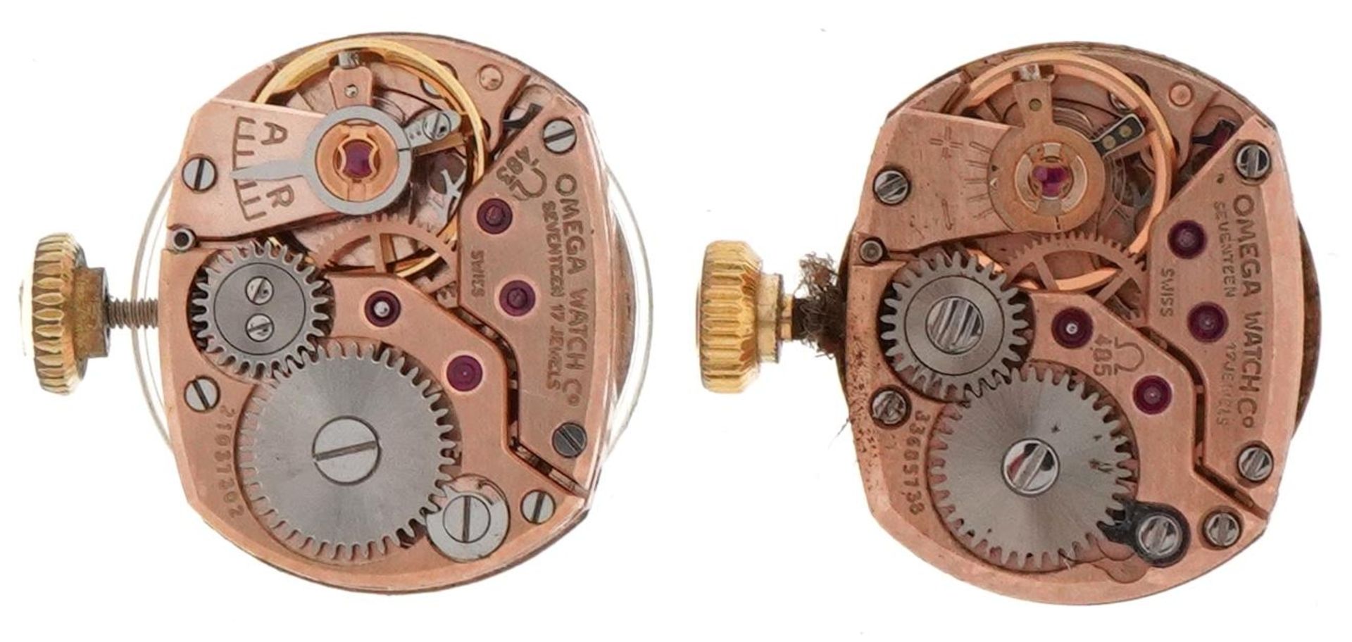 Omega, two ladies manual wind wristwatch movements numbered 33685738 and 21037302, each 13mm in - Image 2 of 2