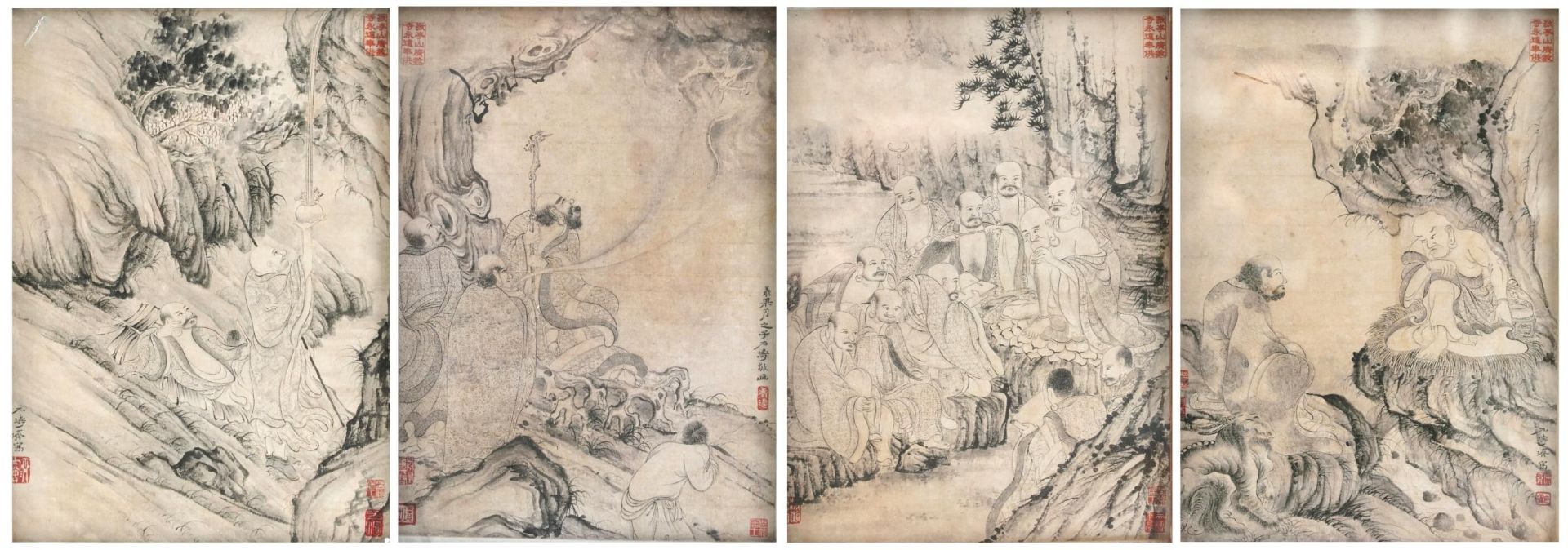 Four Chinese pictures of offerings to the gods, each framed and glazed, each 29cm x 20cm excluding