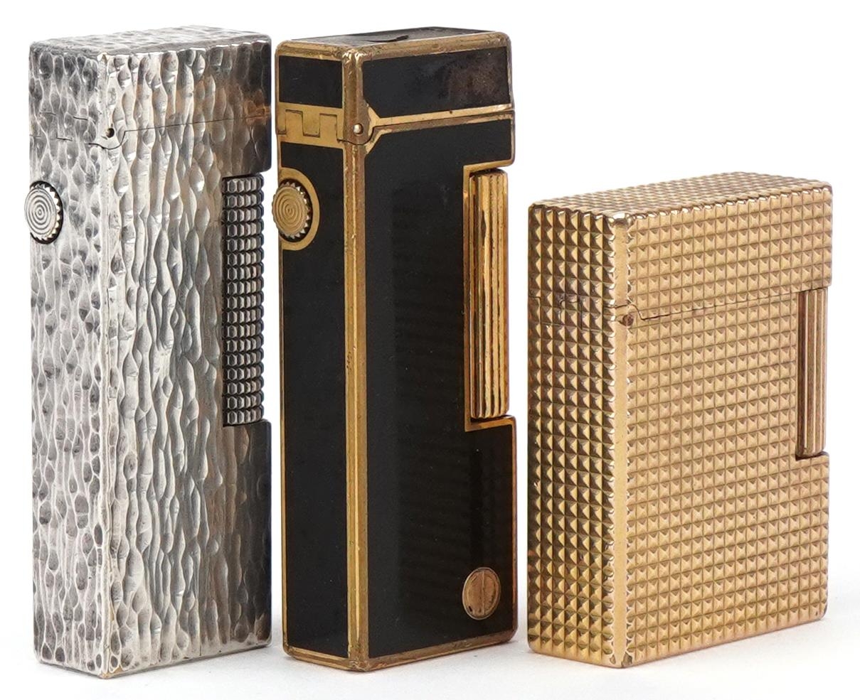 Three vintage pocket lighters, gold plated S J Dupont, silver plated Dunhill bark design and gold - Image 2 of 4