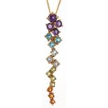 9ct gold multi gem pendant on a 9ct gold necklace, 4cm high and 44cm in length, total 2.4g