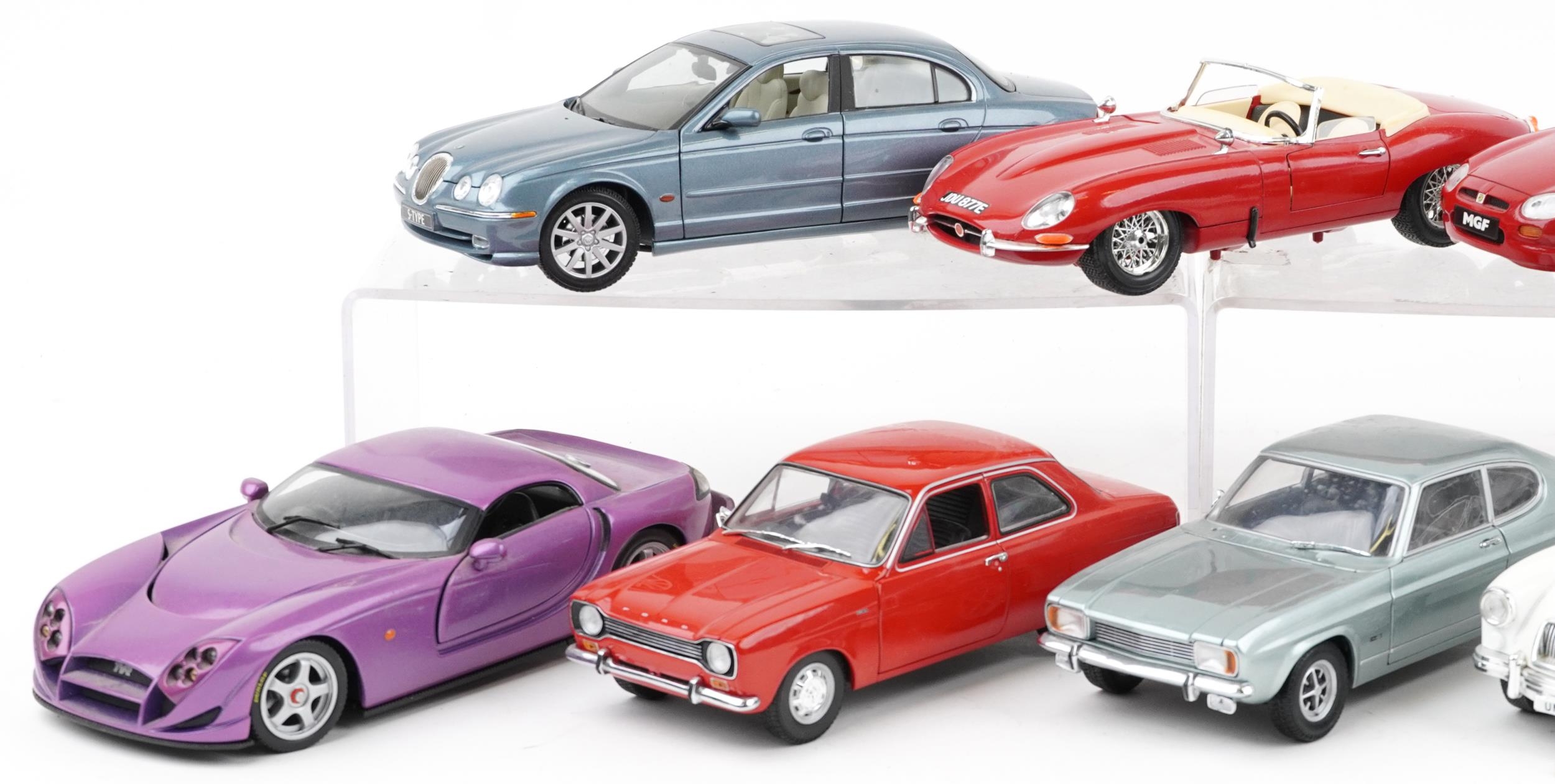Ten 1:18 scale diecast vehicles including Maisto Jaguar S Type, Tonka MGA Twin Cam and Burago 1961 - Image 2 of 3