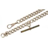 Silver watch chain with swivel dog clip clasp and white metal T bar, 36cm in length, 54.0g