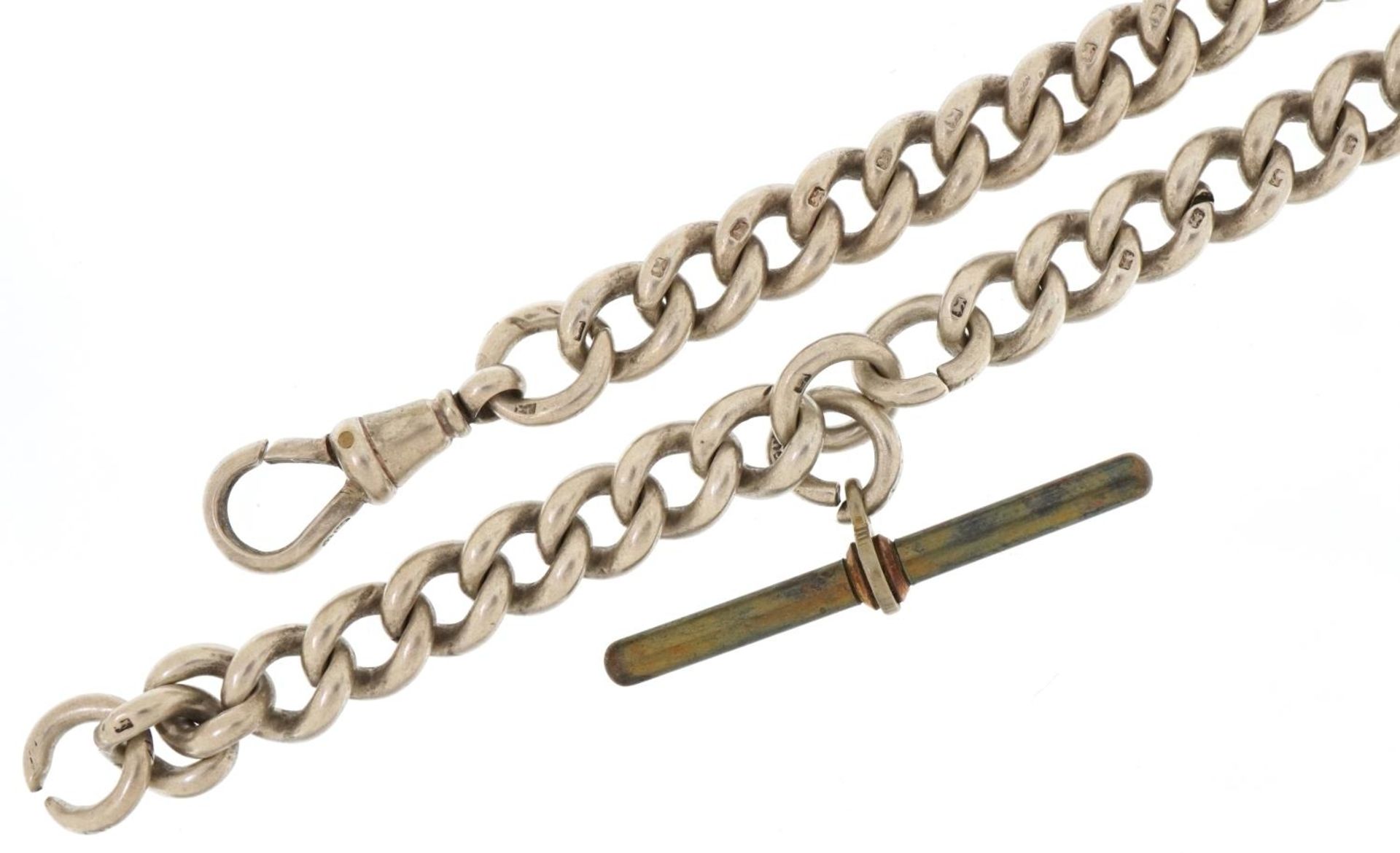 Silver watch chain with swivel dog clip clasp and white metal T bar, 36cm in length, 54.0g