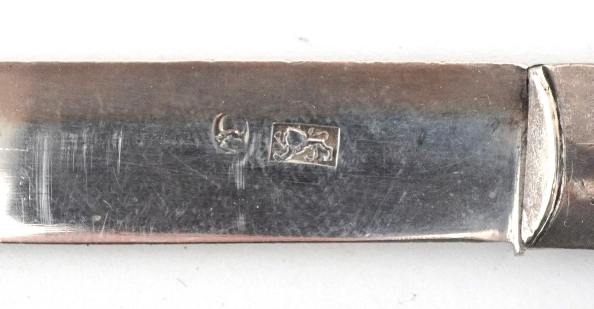 Georgian mother of pearl flanked silver folding fruit knife and fork housed in a fitted case, - Image 3 of 6