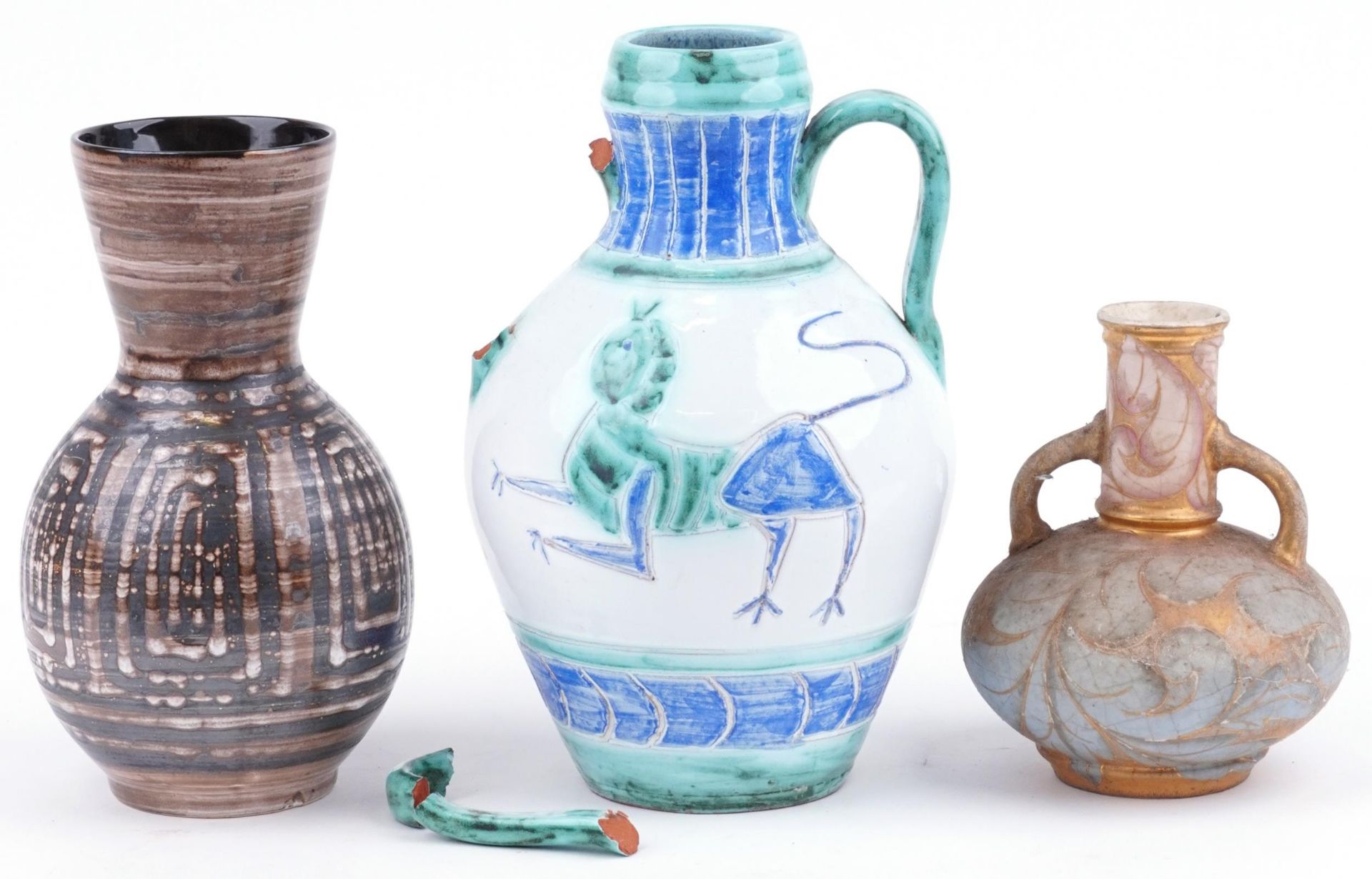 Three art pottery vases, including Rye, Moorish and and a scaffito example the largest 29.5cm high