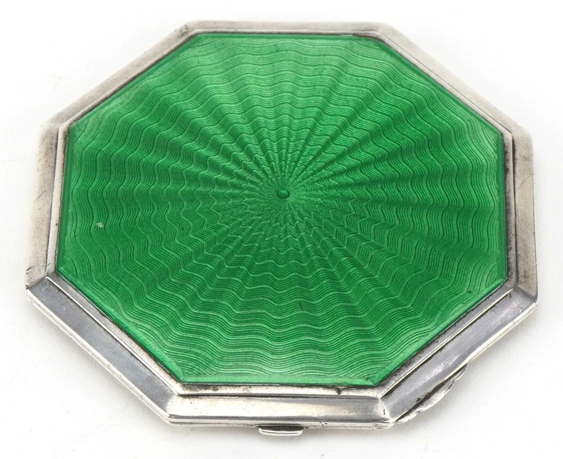 Crisford & Norris Ltd, Art Deco silver and green guilloche enamel compact, Birmingham 1934, 8cm - Bild 2 aus 6