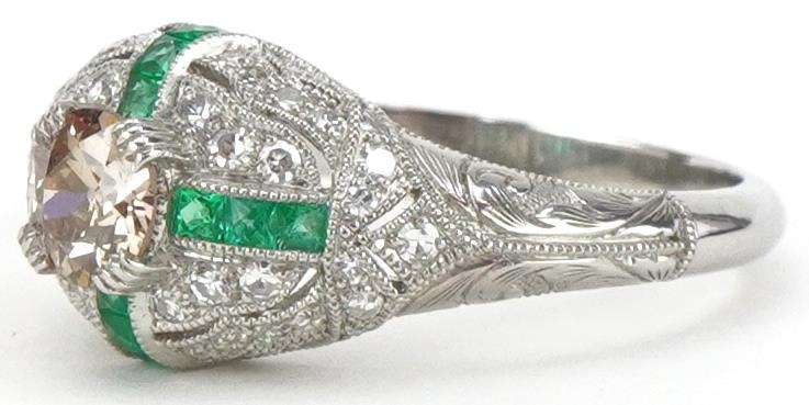 Art Deco style platinum champagne diamond, white diamond and emerald cluster ring, the central - Image 2 of 5