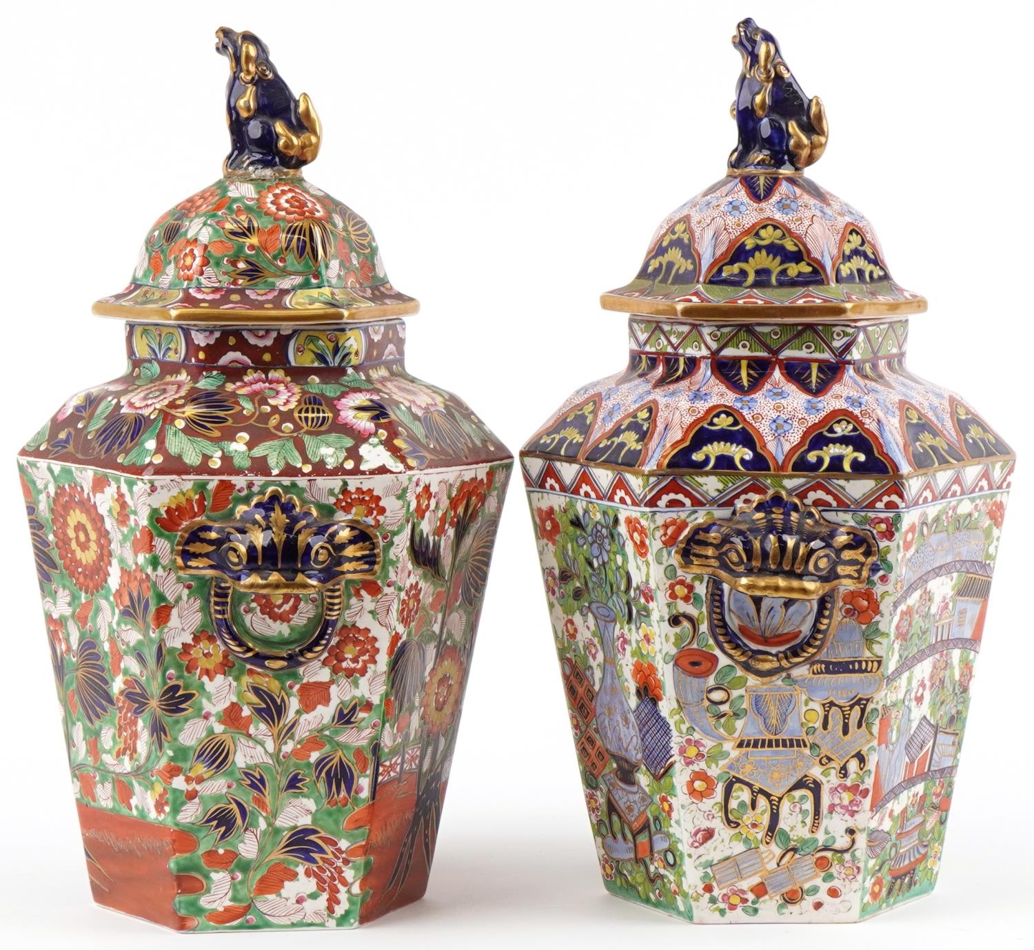 Two Victorian Staffordshire pottery ginger jars and covers hand painted in the Mason style - Image 2 of 8