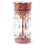 Victorian opaline pink lustre hand painted with flowers, having clear glass drops, 36cm high