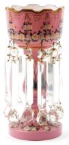 Victorian opaline pink lustre hand painted with flowers, having clear glass drops, 36cm high