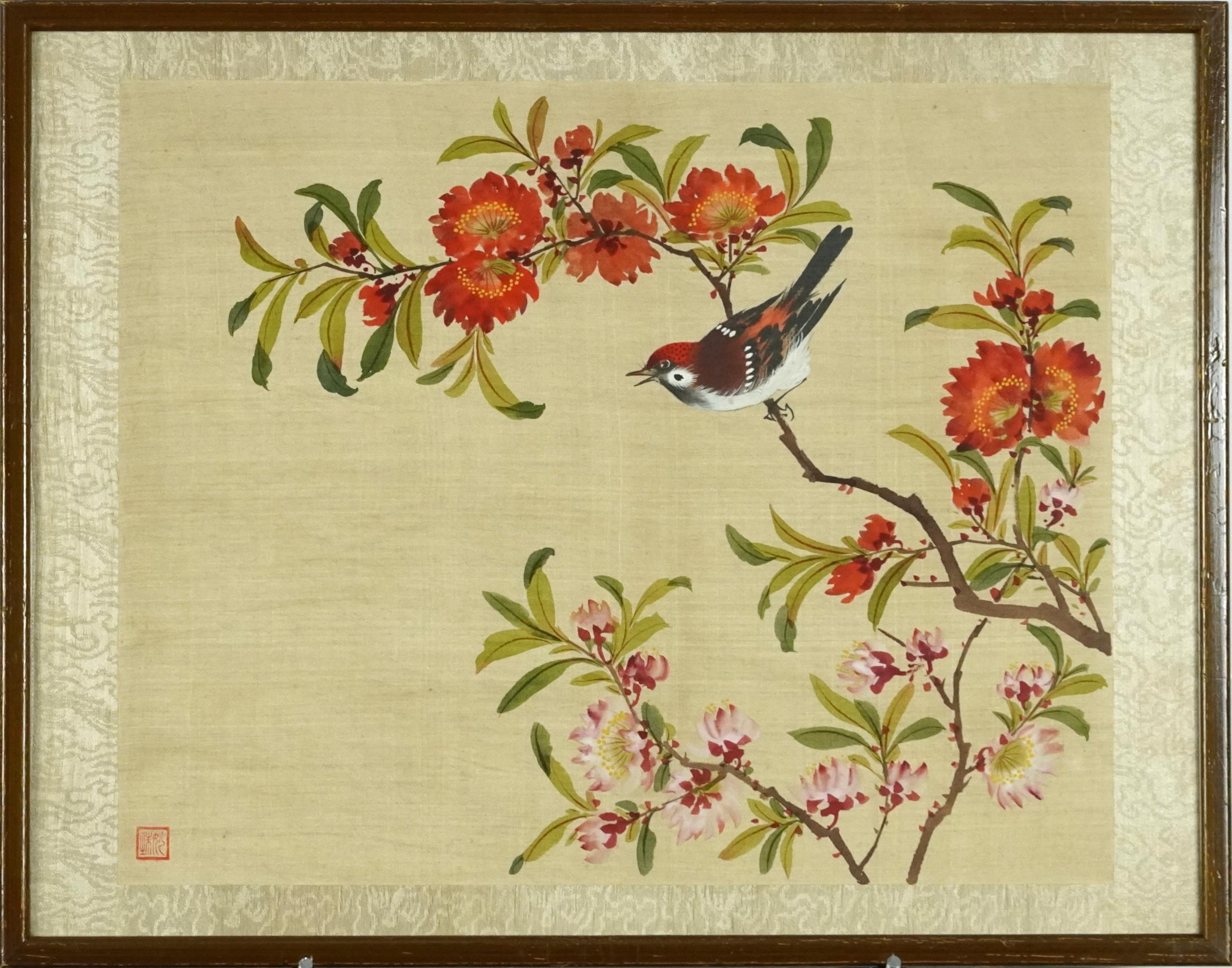 Bird and butterfly amongst flowers, pair of Chinese watercolours on silk signed with red seal marks, - Bild 3 aus 9