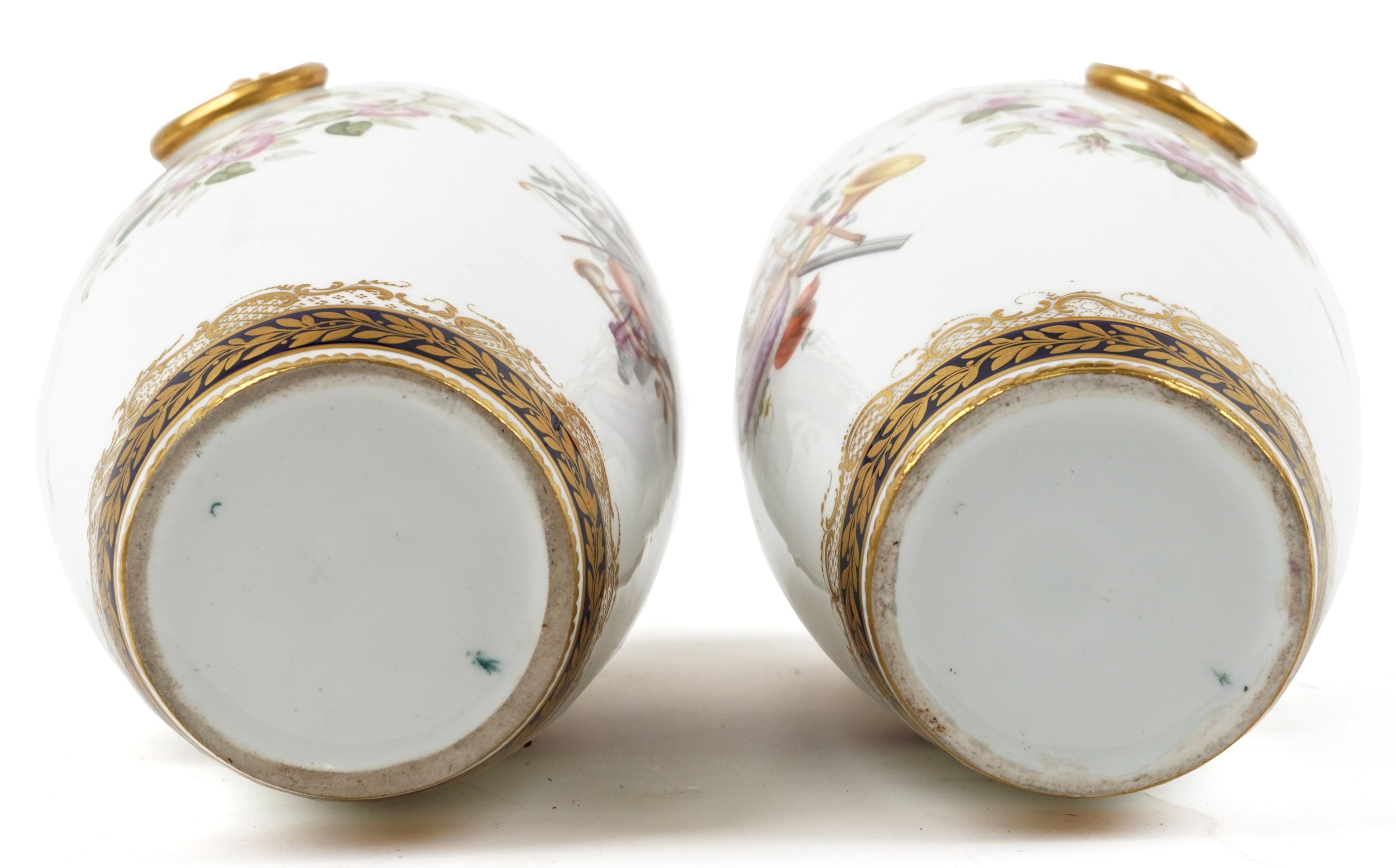 Pair of 19th century European porcelain vases with ring turned handles hand painted with hanging - Image 4 of 4