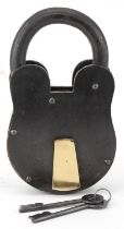 Oversized cast iron padlock with keys, 24cm high