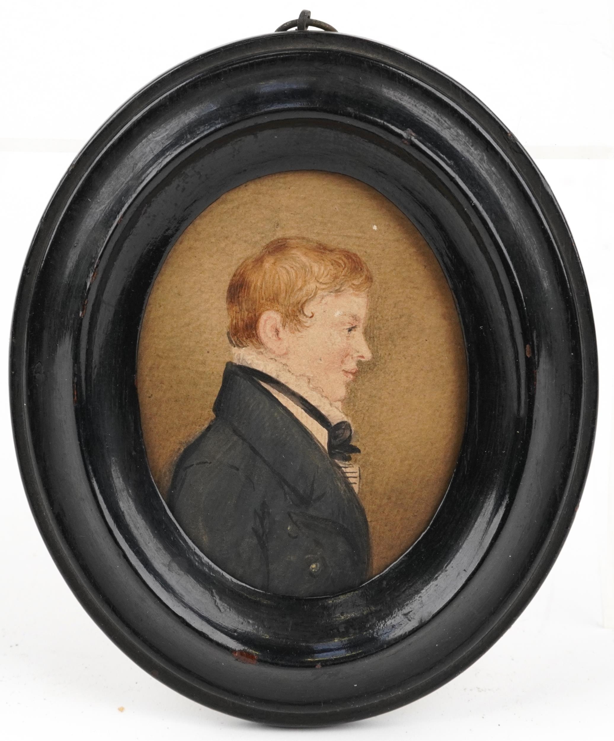 Three Georgian oval hand painted portrait miniatures housed in ebonised frames, including one of - Image 11 of 12