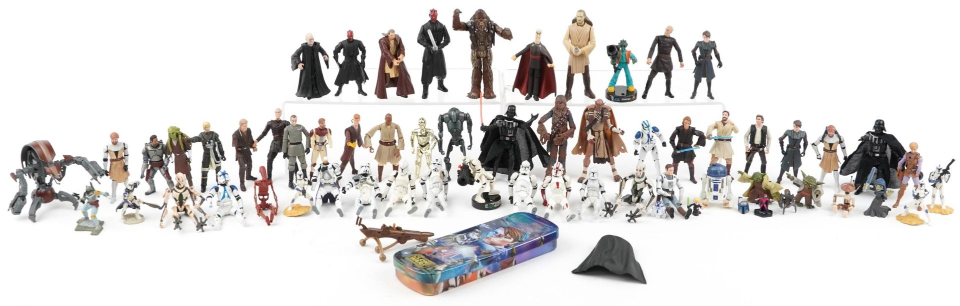 Large selection of Star Wars figures including Chewbacca and Darth Vader, the largest 14cm high