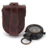 Military interest World War I compass housed in a leather case, Pat. Appd For, 5cm in diameter