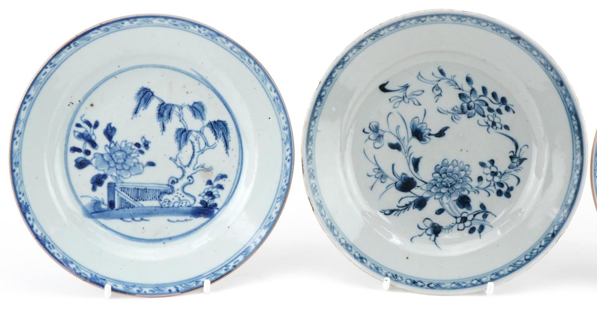 Three 18th century hand painted blue and white plates, two in the Willow pattern, one with - Image 2 of 4