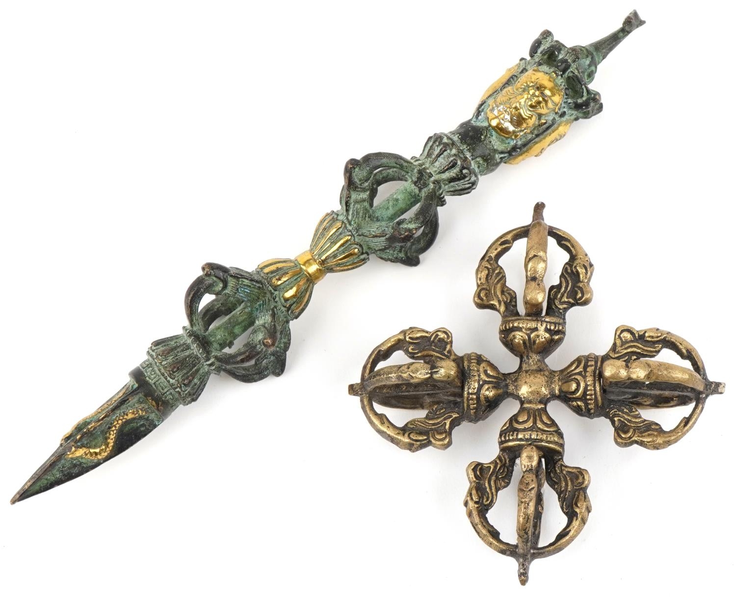 Chino Tibetan bronzed Vajra Dorje and ceremonial dagger, the largest 20cms in length