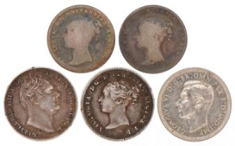 Five silver fourpences including George IV