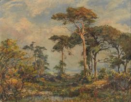 L Colberne ?- Wooded trees and landscape, oil on board in a gilt frame, 57cm x 44cm excluding the