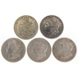 Five United States of America silver dollars comprising dates 1881, 1885, 1888, 1897 and 1921