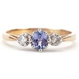 9ct gold iolite and diamond three stone ring, size P, 1.9g