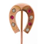 Antique French rolled gold stickpin in the form of a horseshoe set with pink stones and seed pearls,