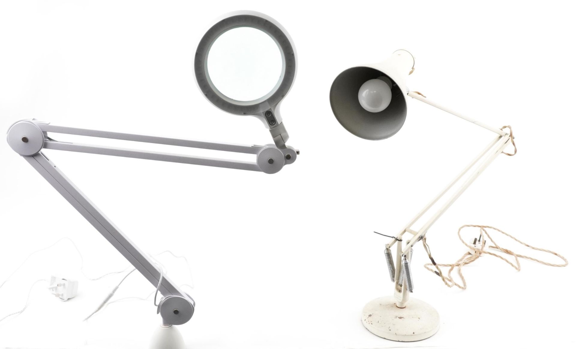 Vintage Herbert Terry white enamel Anglepoise table lamp and a desk top magnifying table lamp, the