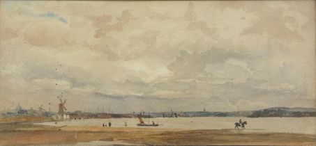 Panoramic coastal scene with boats and windmills, 19th/early 20th century watercolour, framed and