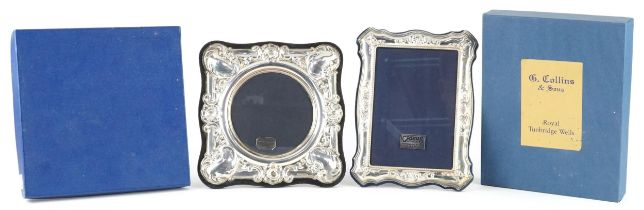 Carrs, two silver easel photo frames with boxes retailed by G Collins & Sons, Tunbridge Wells, the