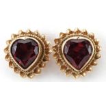 Pair of 9ct gold garnet love heart stud earrings, each 9.5mm high, total 1.8g