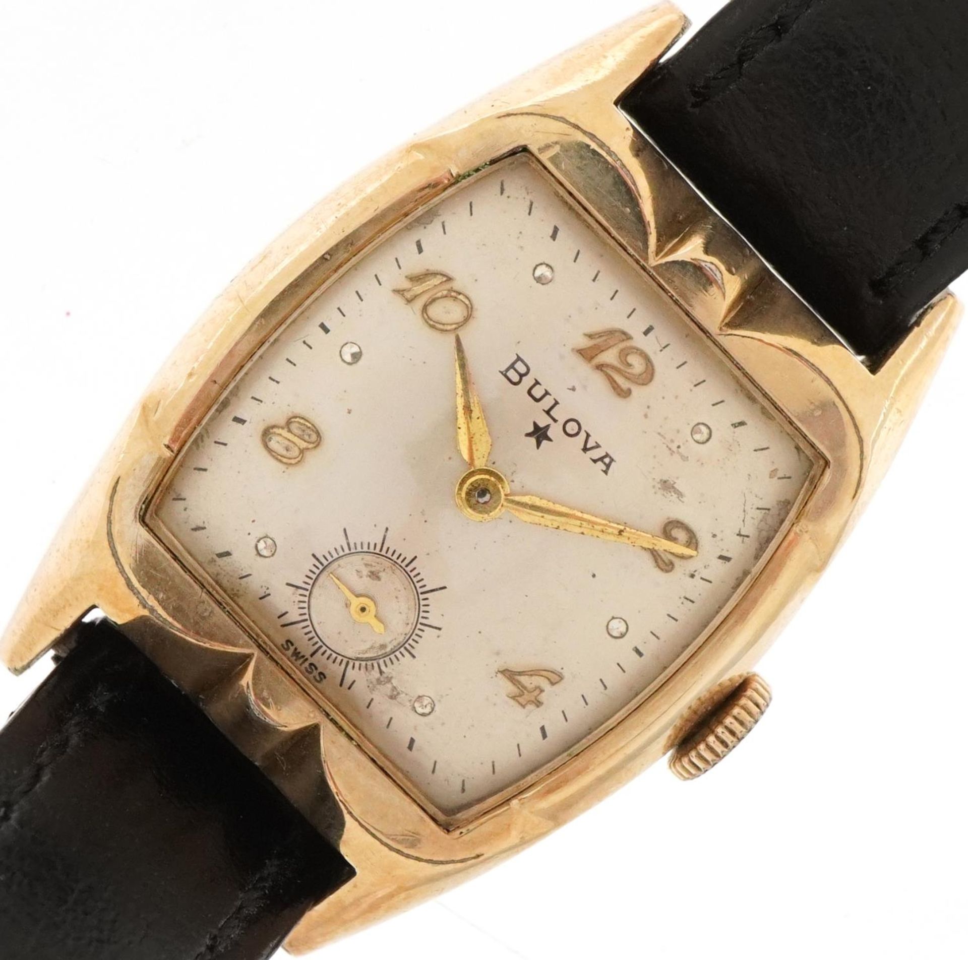 Bulova, gentlemen's gold plated manual wind wristwatch having silvered dial with Arabic numerals,