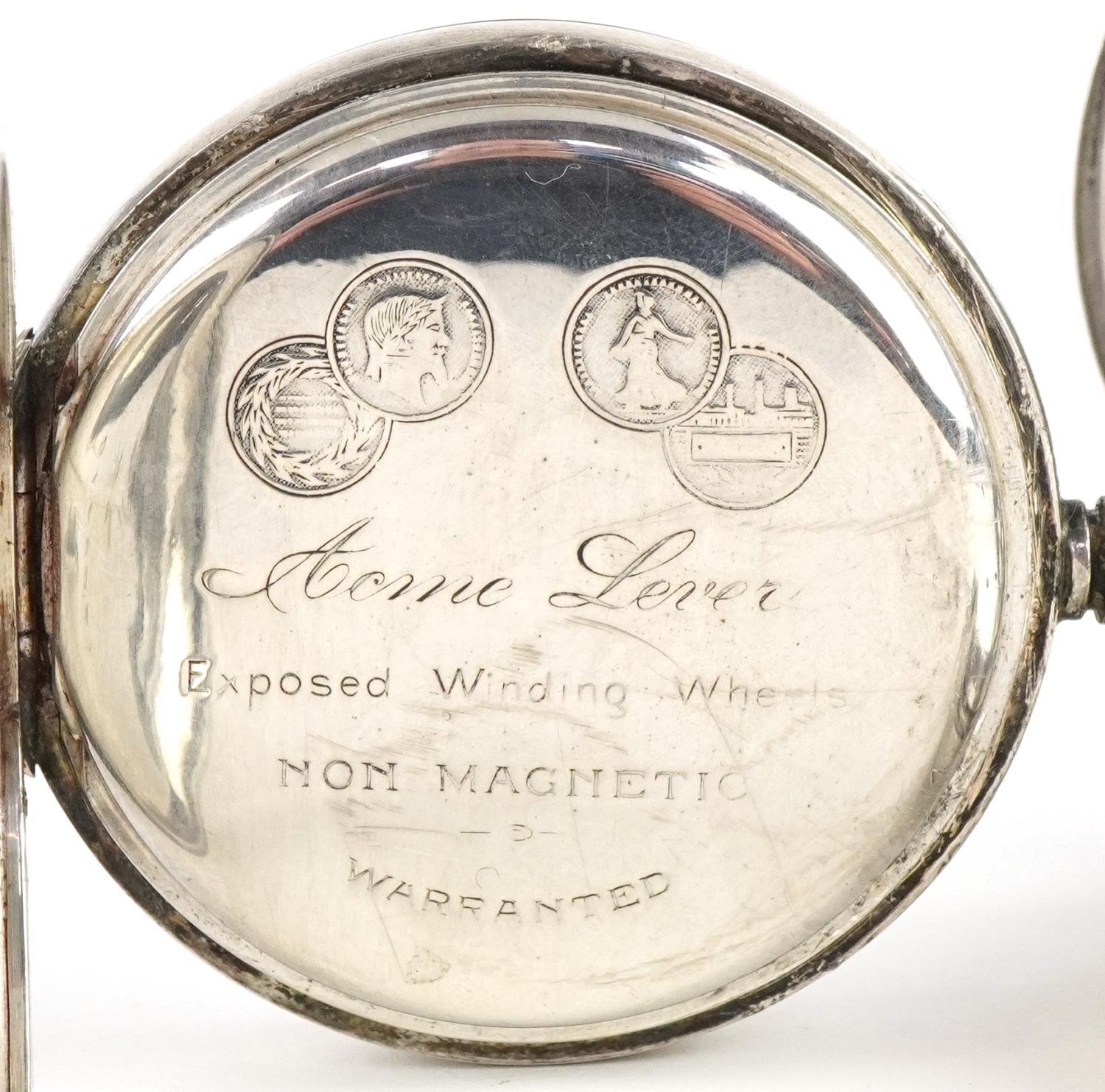 Three gentlemen's silver open face pocket watches having enamelled and subsidiary dials with Roman - Image 7 of 7