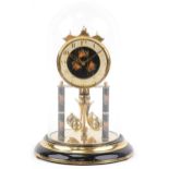 Brass anniversary clock under a glass dome with rose design dial, 32cm high