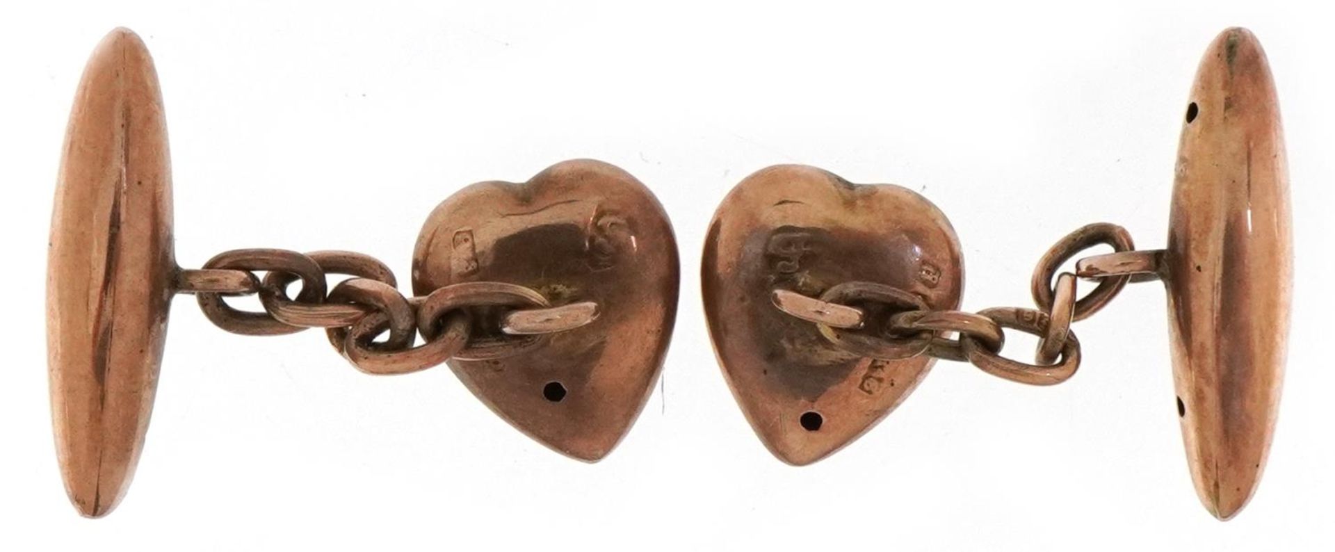 Pair of Victorian 9ct rose gold cufflinks in the form of love hearts, Birmingham 1900, each 2cm in - Bild 2 aus 3