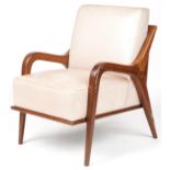Scandinavian design hardwood lounge chair having cream upholstered back and seat, 86cm H x 62.5cm