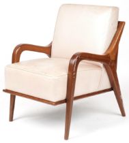 Scandinavian design hardwood lounge chair having cream upholstered back and seat, 86cm H x 62.5cm