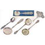 Scandinavian silver and white metal spoons and corkscrew including pair of silver spoons by Peter