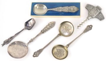 Scandinavian silver and white metal spoons and corkscrew including pair of silver spoons by Peter