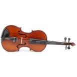 Old wooden violin with fitted case, the violin back 14 inches in length