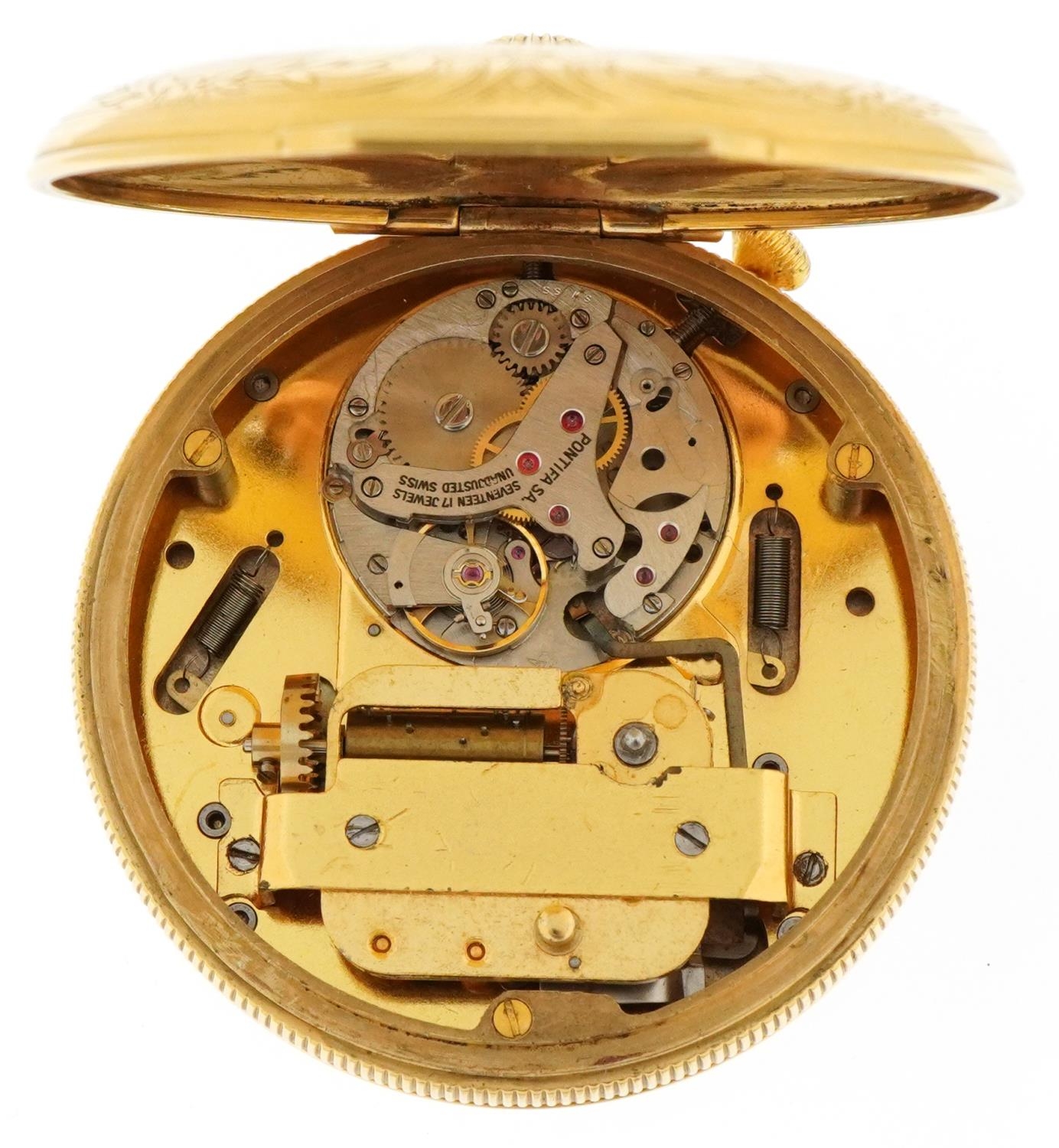 Gentlemen's gold plated Reuge Music open face pocket watch with box numbered 2443, 56mm in diameter - Image 6 of 8