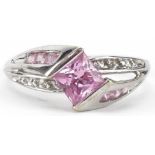 10K white gold pink topaz and diamond crossover ring, size N, 2.4g